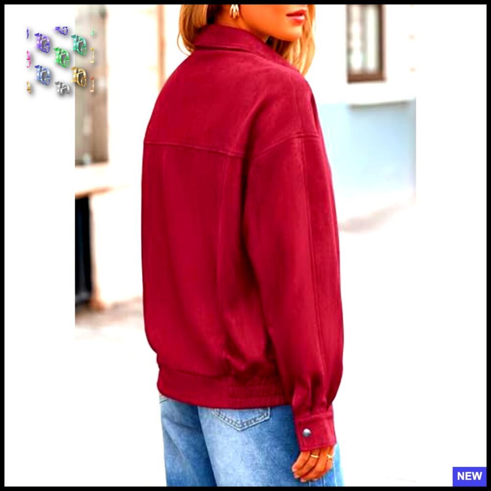 Faux Suede Bomber Jacket Oversized Zip Up Casual Chic Winter Outerwear - Picture 6 of 7
